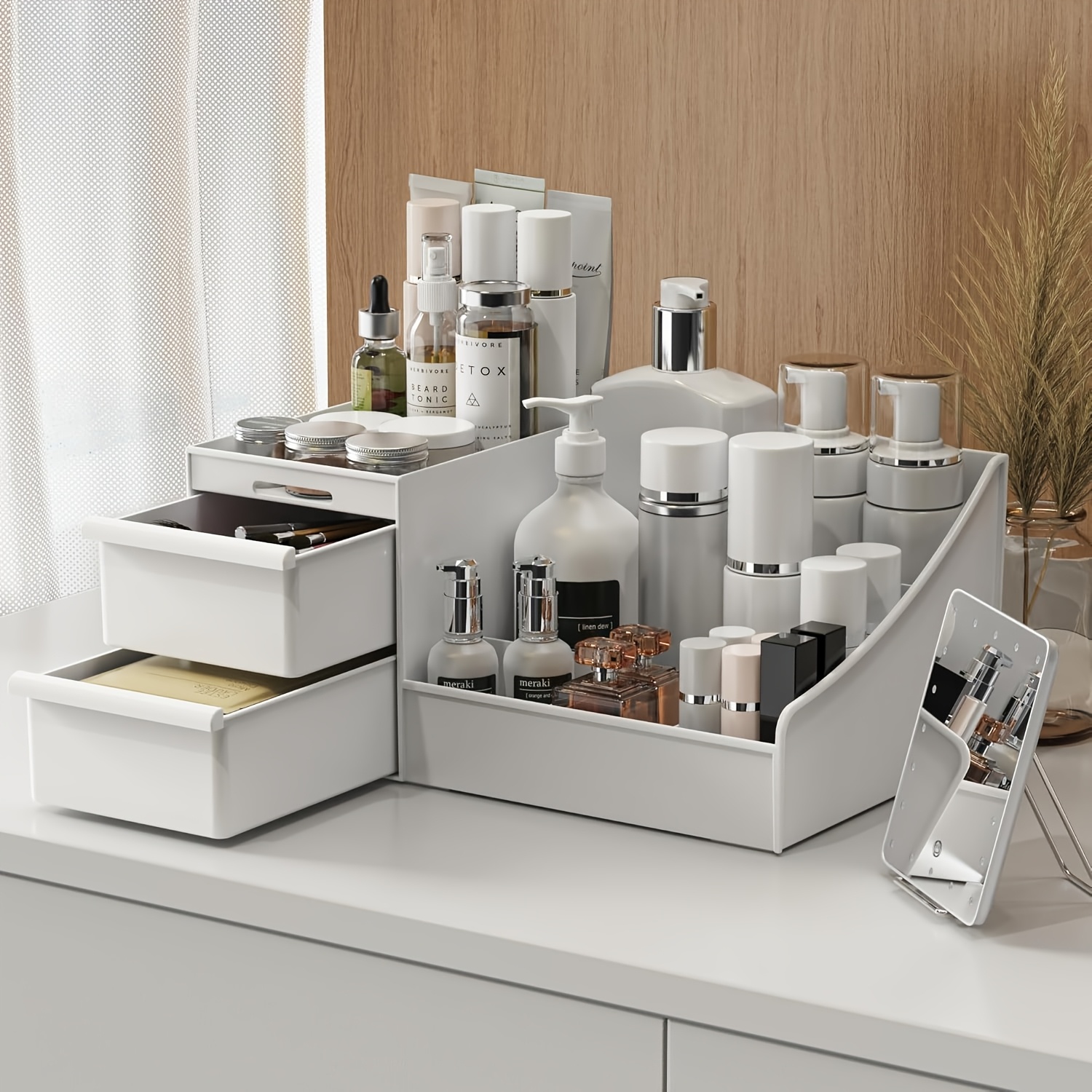 Desk Setup Essentials - Desktop Cosmetic Organizer with Drawers, Multi-Slot