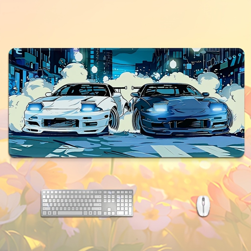 Desk Setup In Office - Anime Style Blue White Sports Car