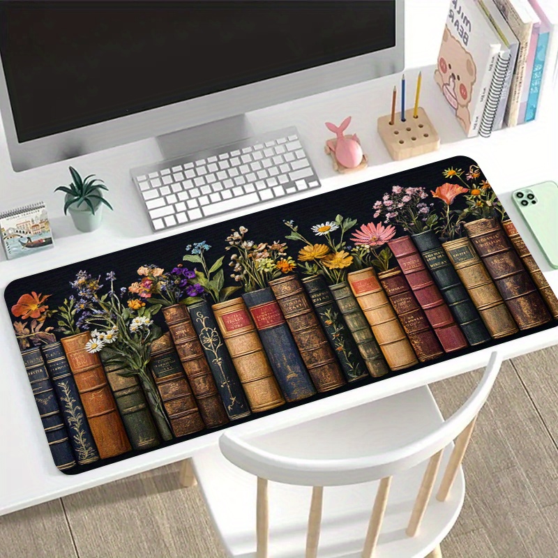 Desk Setup Books - Large Mouse Pad Vintage Books Wildflowers