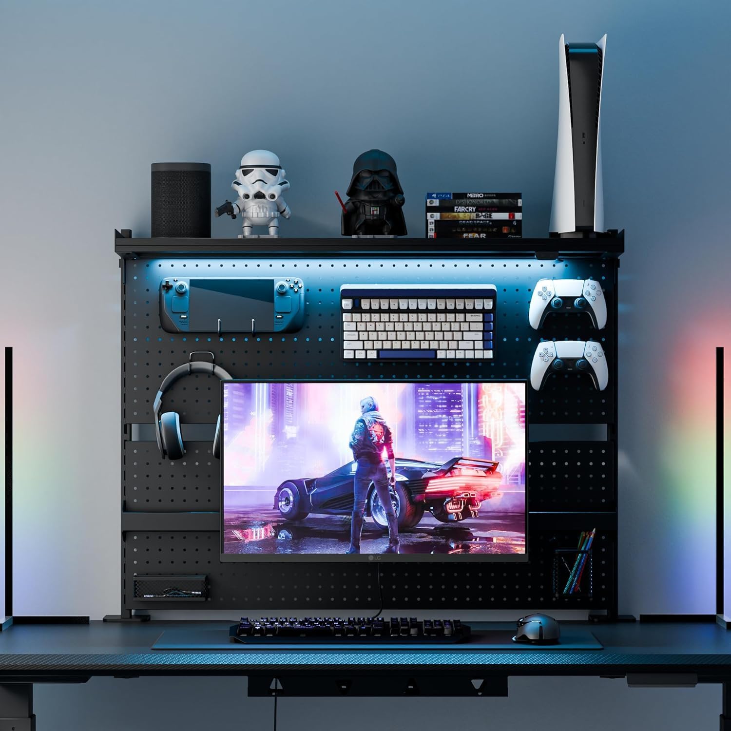 Desk Setup Dual Monitor - Dual Monitor Stand with Steel Pegboard,