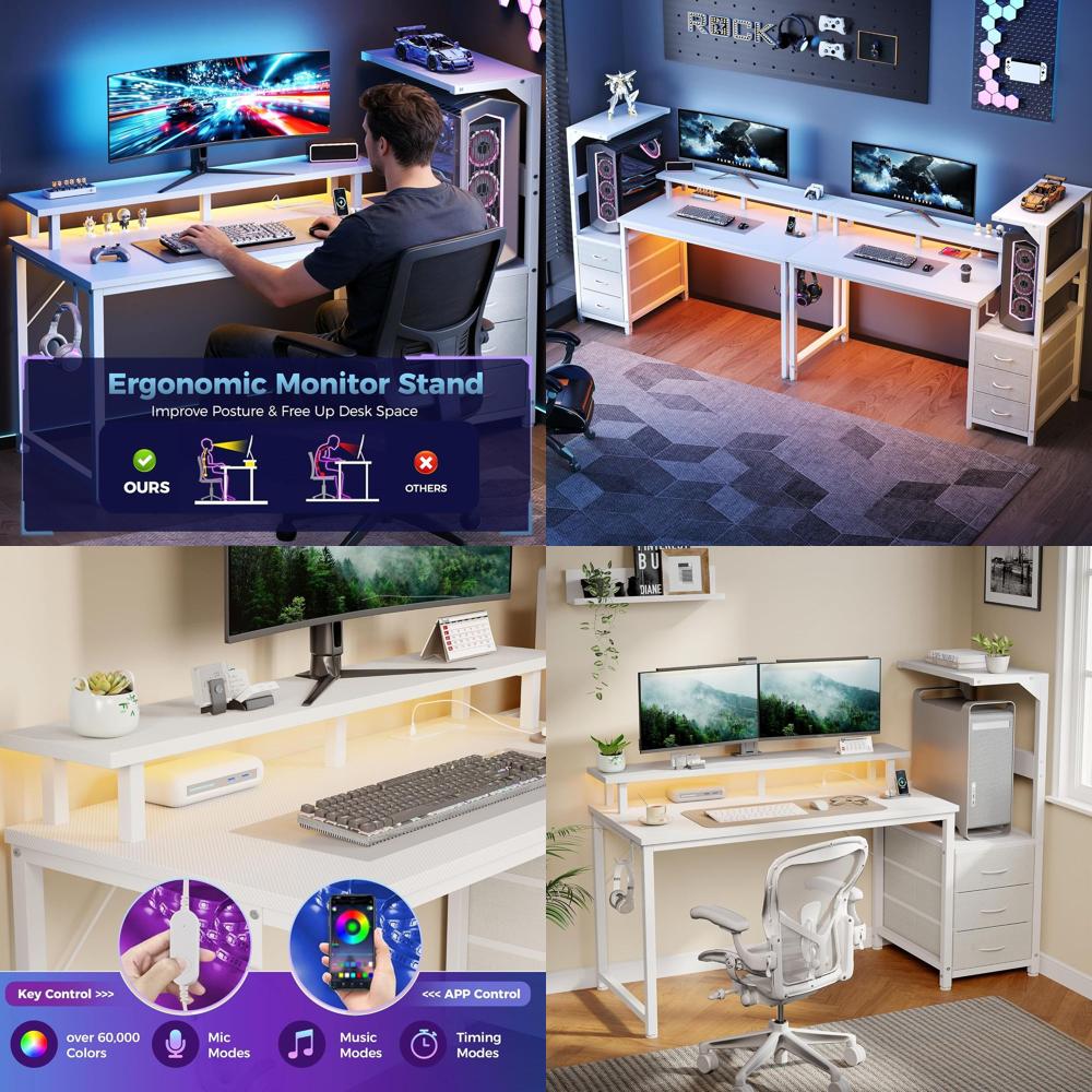 Desk Setup Dual Monitor - White 52 L-Shaped Gaming Desk with