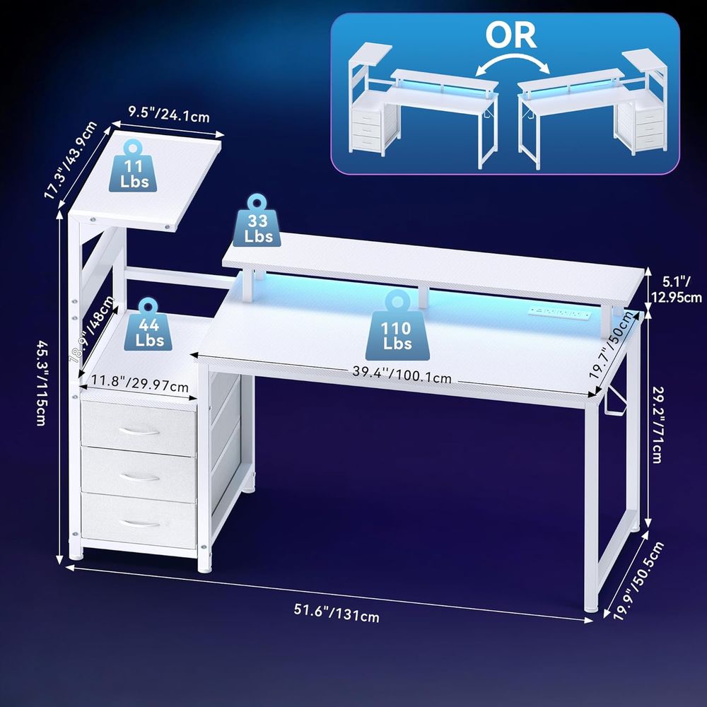 White 52 L-Shaped Gaming Desk  - Desk Setup Dual Monitor avis et prix